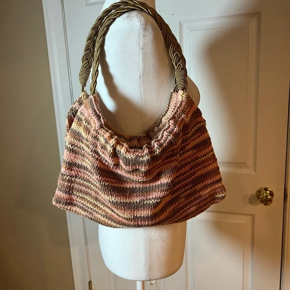 Womens Knit Pink Shoulder Purse Gold Chunky Straps Boho Chic